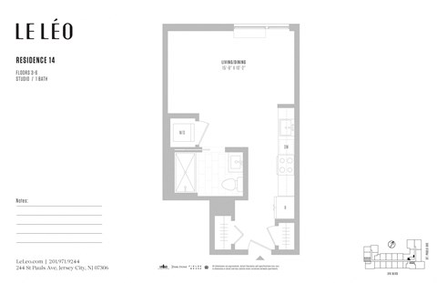Floor plan for studio, 1 bath, 438 sqft